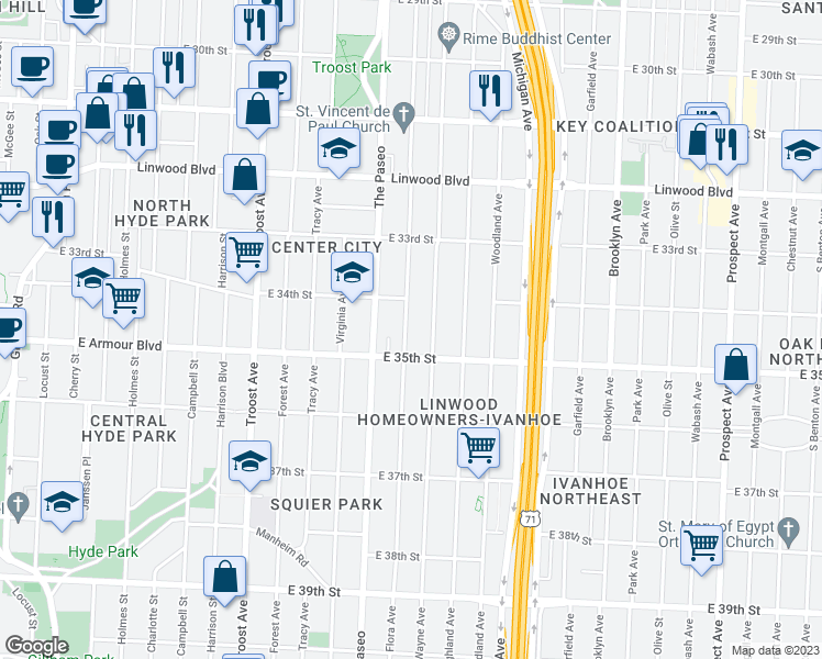 map of restaurants, bars, coffee shops, grocery stores, and more near 3423 Flora Avenue in Kansas City