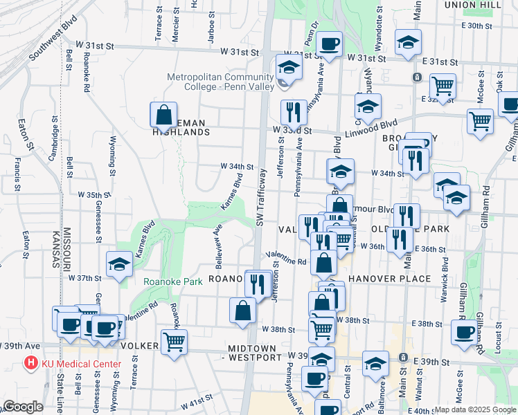 map of restaurants, bars, coffee shops, grocery stores, and more near Southwest Trafficway in Kansas City