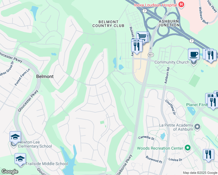map of restaurants, bars, coffee shops, grocery stores, and more near 19956 Hazeltine Place in Ashburn