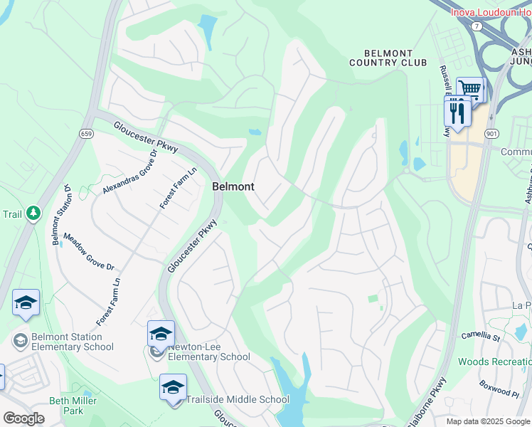 map of restaurants, bars, coffee shops, grocery stores, and more near 19915 Naples Lakes Terrace in Ashburn