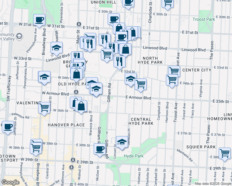 map of restaurants, bars, coffee shops, grocery stores, and more near 420 East Armour Boulevard in Kansas City