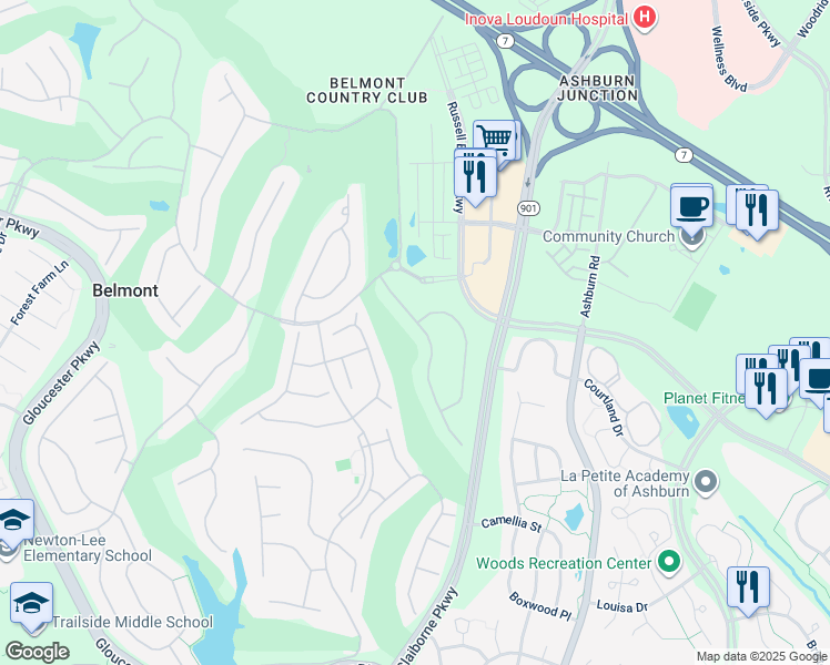 map of restaurants, bars, coffee shops, grocery stores, and more near 19925 Augusta Village Place in Ashburn
