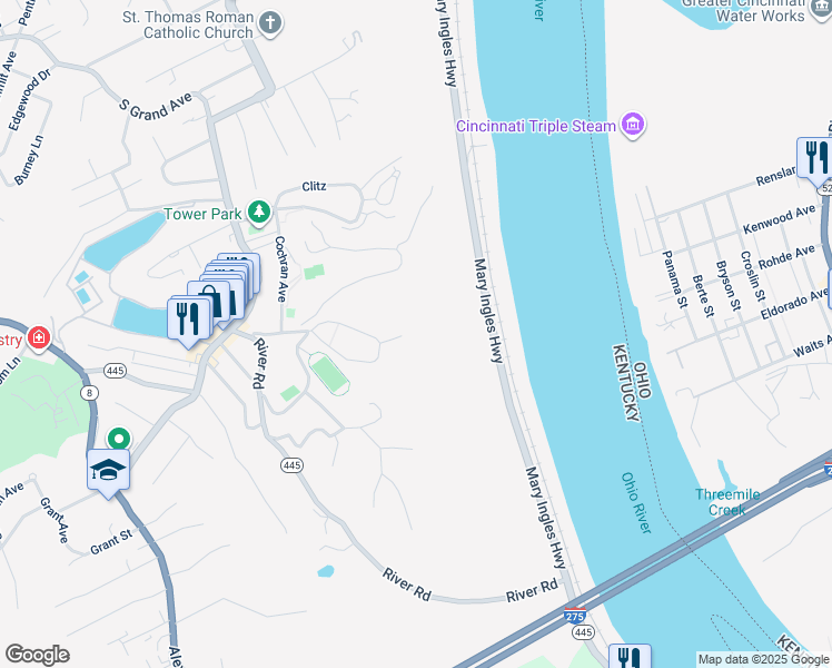 map of restaurants, bars, coffee shops, grocery stores, and more near 100 Carmel Manor Road in Fort Thomas