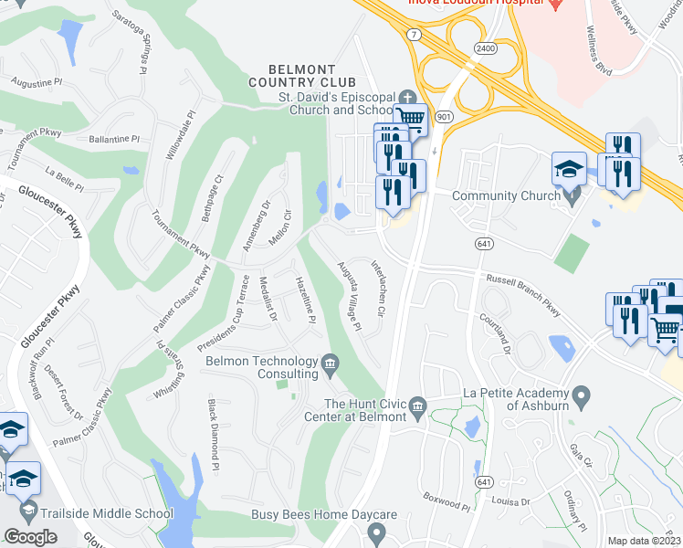 map of restaurants, bars, coffee shops, grocery stores, and more near 19925 Augusta Village Place in Ashburn