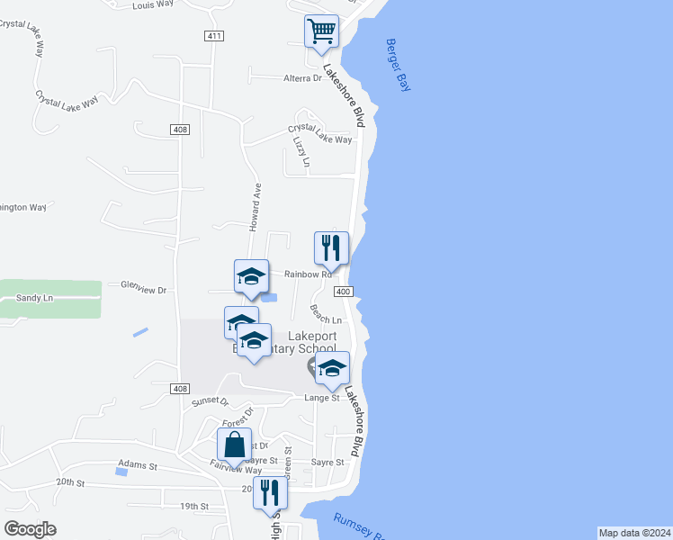map of restaurants, bars, coffee shops, grocery stores, and more near 2607 Lakeshore Boulevard in Lakeport