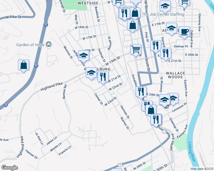 map of restaurants, bars, coffee shops, grocery stores, and more near 318 West 21st Street in Covington