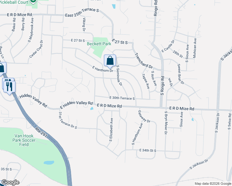 map of restaurants, bars, coffee shops, grocery stores, and more near 2928 South Cochise Drive in Independence
