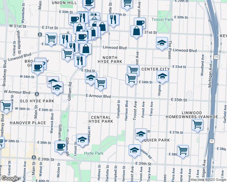 map of restaurants, bars, coffee shops, grocery stores, and more near 3429 Charlotte Street in Kansas City