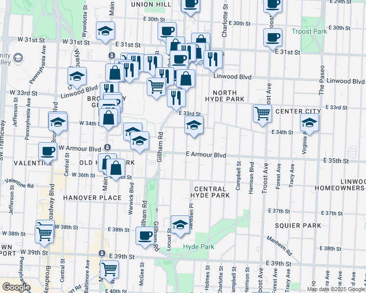 map of restaurants, bars, coffee shops, grocery stores, and more near 3419 Locust Street in Kansas City