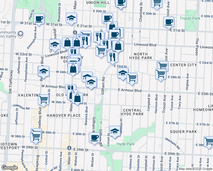 map of restaurants, bars, coffee shops, grocery stores, and more near 3432 Gillham Road in Kansas City