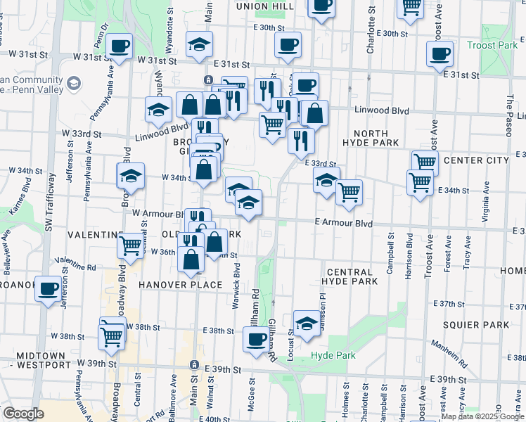 map of restaurants, bars, coffee shops, grocery stores, and more near 211 East 34th Terrace in Kansas City