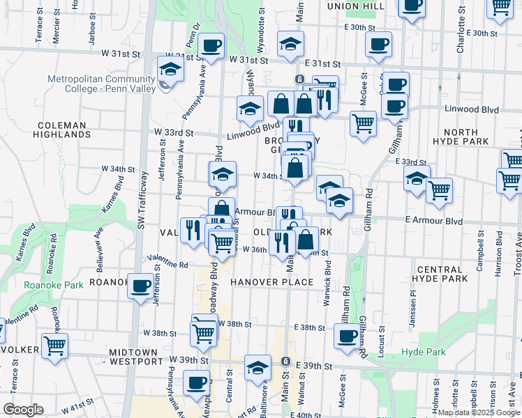 map of restaurants, bars, coffee shops, grocery stores, and more near 3424 Baltimore Avenue in Kansas City