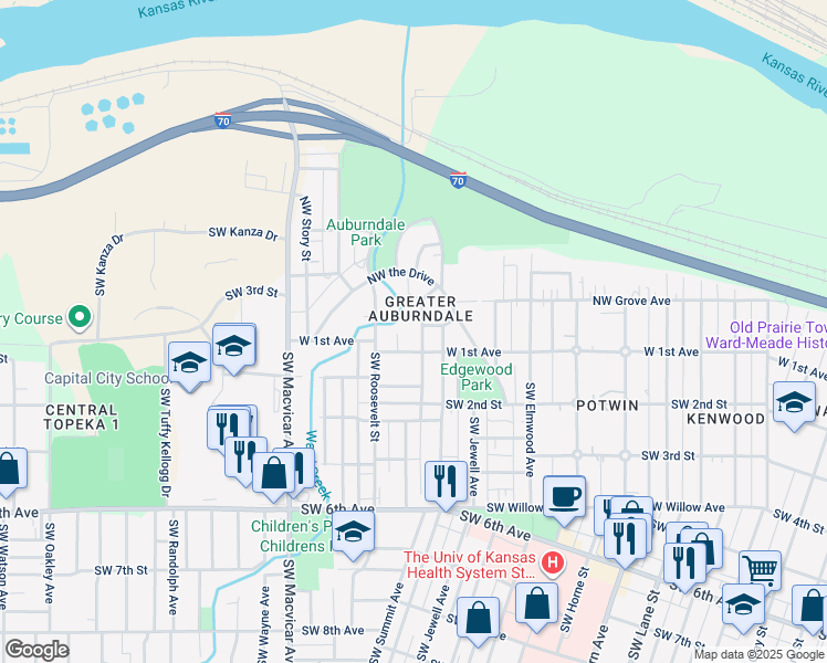 map of restaurants, bars, coffee shops, grocery stores, and more near 133 Northwest Franklin Avenue in Topeka