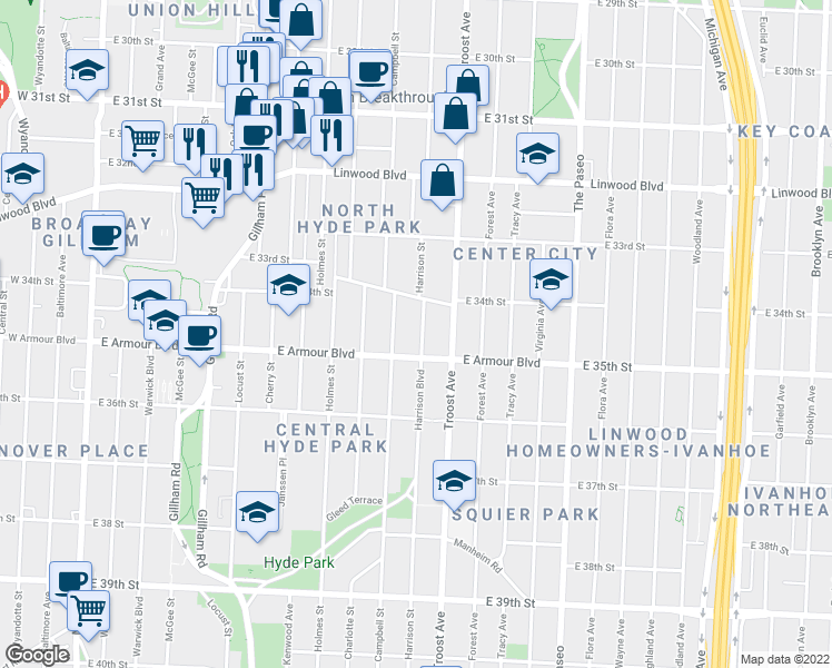 map of restaurants, bars, coffee shops, grocery stores, and more near 3424 Harrison Street in Kansas City