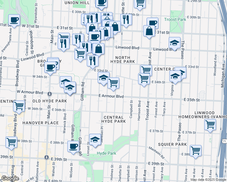 map of restaurants, bars, coffee shops, grocery stores, and more near 3422 Holmes Street in Kansas City