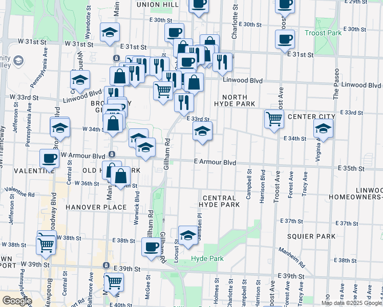 map of restaurants, bars, coffee shops, grocery stores, and more near 520 East Armour Boulevard in Kansas City