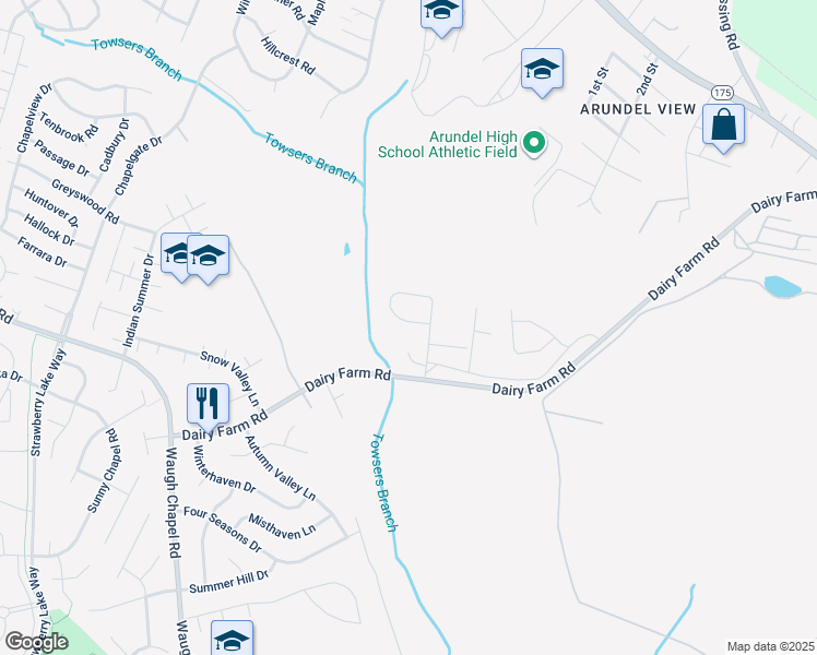 map of restaurants, bars, coffee shops, grocery stores, and more near 671 Highland Farms Circle in Gambrills