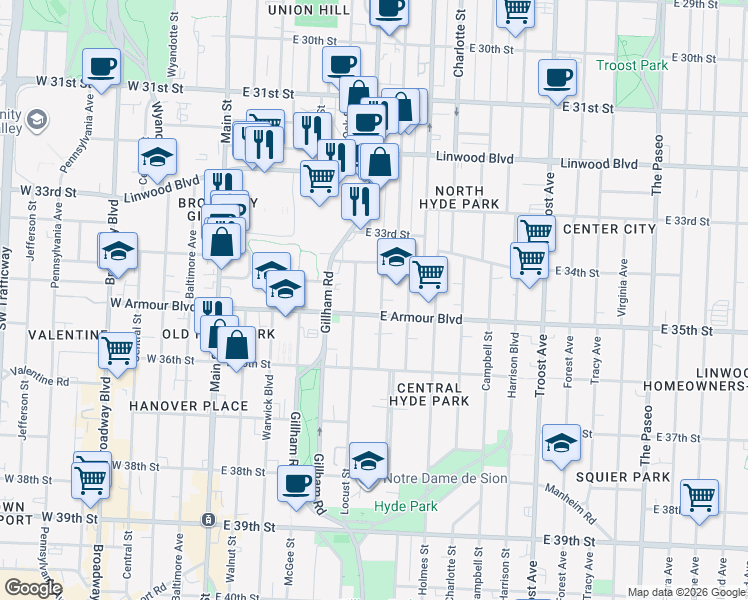 map of restaurants, bars, coffee shops, grocery stores, and more near 3419 Locust Street in Kansas City