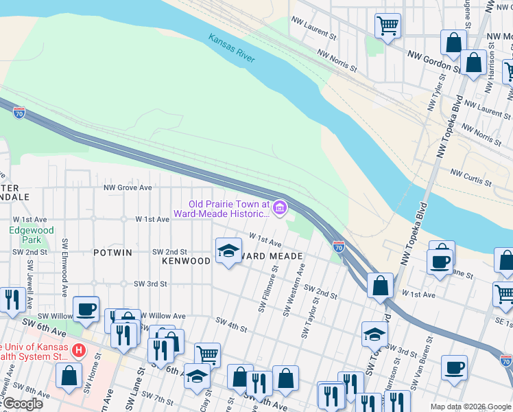 map of restaurants, bars, coffee shops, grocery stores, and more near 139 NW Buchanan St in Topeka