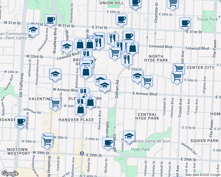 map of restaurants, bars, coffee shops, grocery stores, and more near 300 East Armour Boulevard in Kansas City