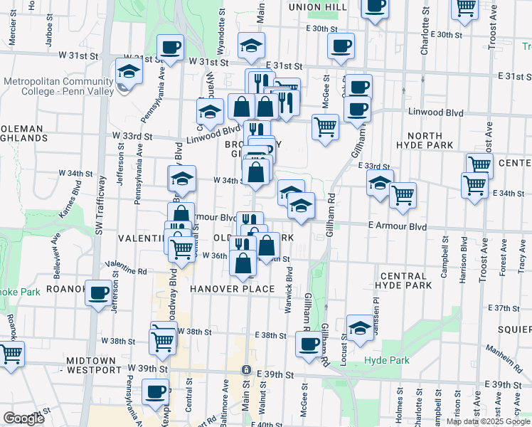 map of restaurants, bars, coffee shops, grocery stores, and more near 12 East Armour Boulevard in Kansas City