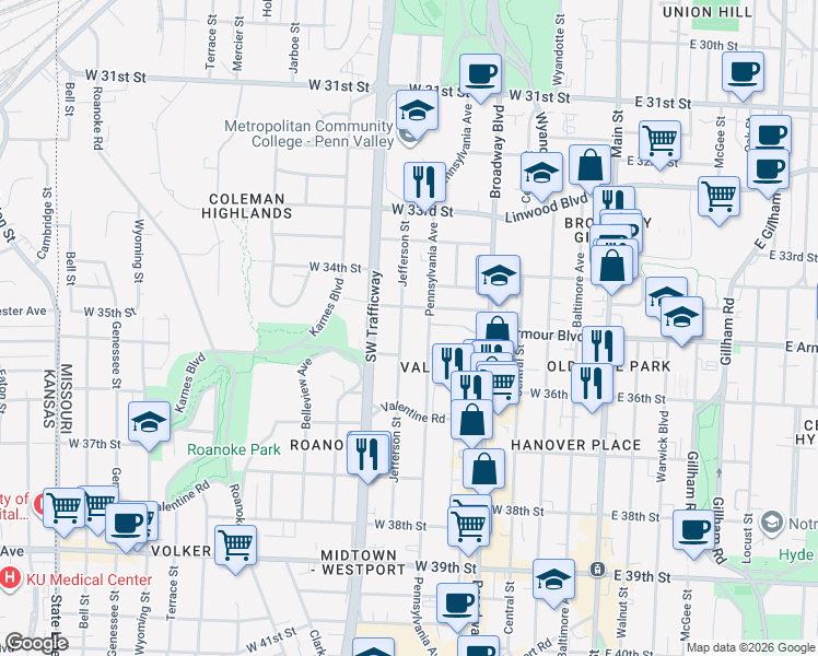 map of restaurants, bars, coffee shops, grocery stores, and more near 3500 Pennsylvania Avenue in Kansas City