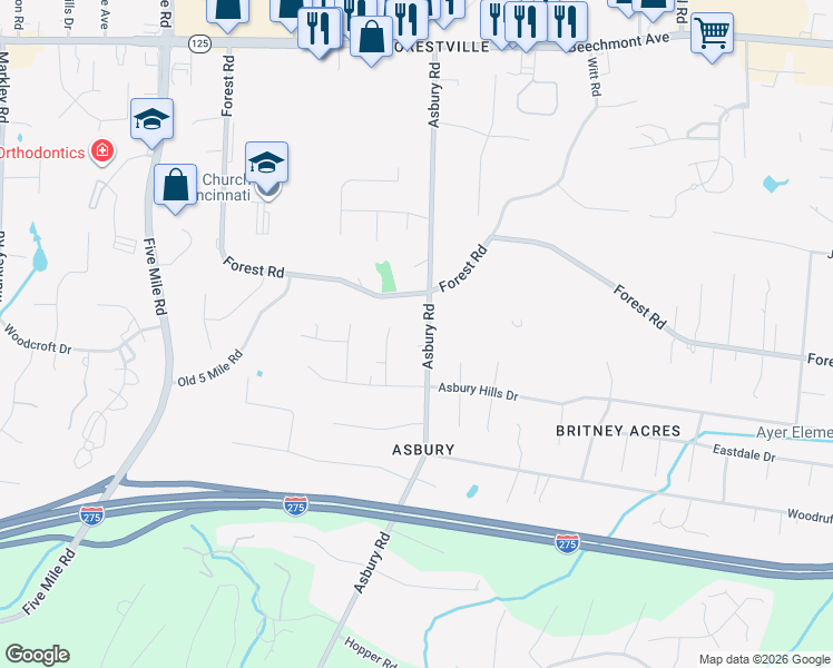 map of restaurants, bars, coffee shops, grocery stores, and more near 891 Asbury Road in Cincinnati