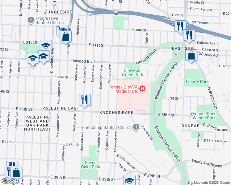 map of restaurants, bars, coffee shops, grocery stores, and more near 3326 Elmwood Avenue in Kansas City