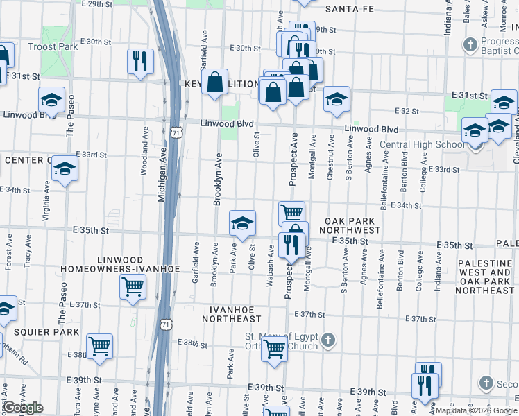 map of restaurants, bars, coffee shops, grocery stores, and more near 3400 Olive Street in Kansas City