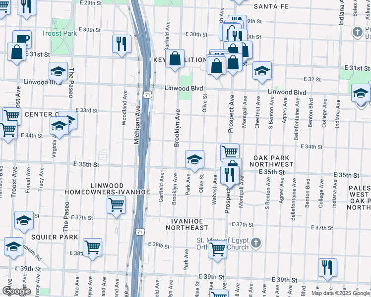 map of restaurants, bars, coffee shops, grocery stores, and more near 2211 East 34th Street in Kansas City