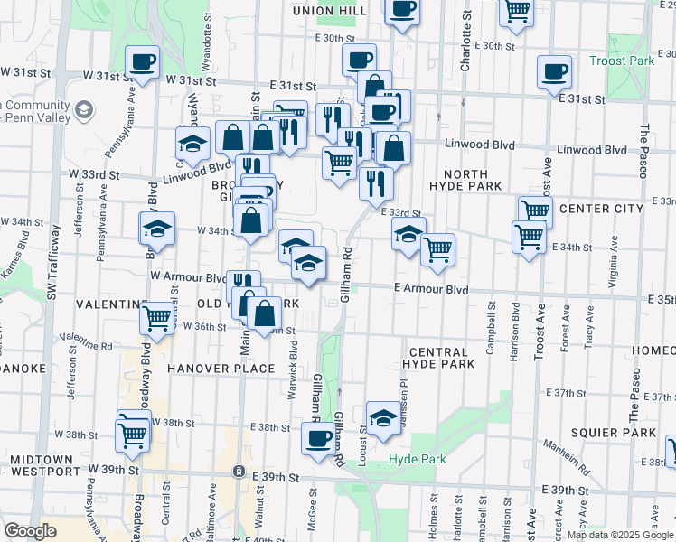 map of restaurants, bars, coffee shops, grocery stores, and more near 3432 Gillham Road in Kansas City