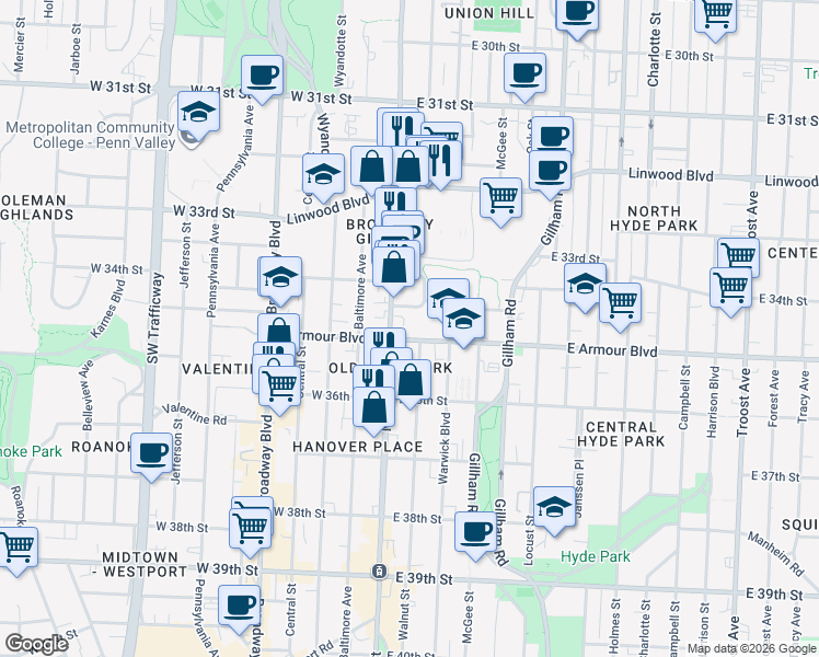map of restaurants, bars, coffee shops, grocery stores, and more near in Kansas City