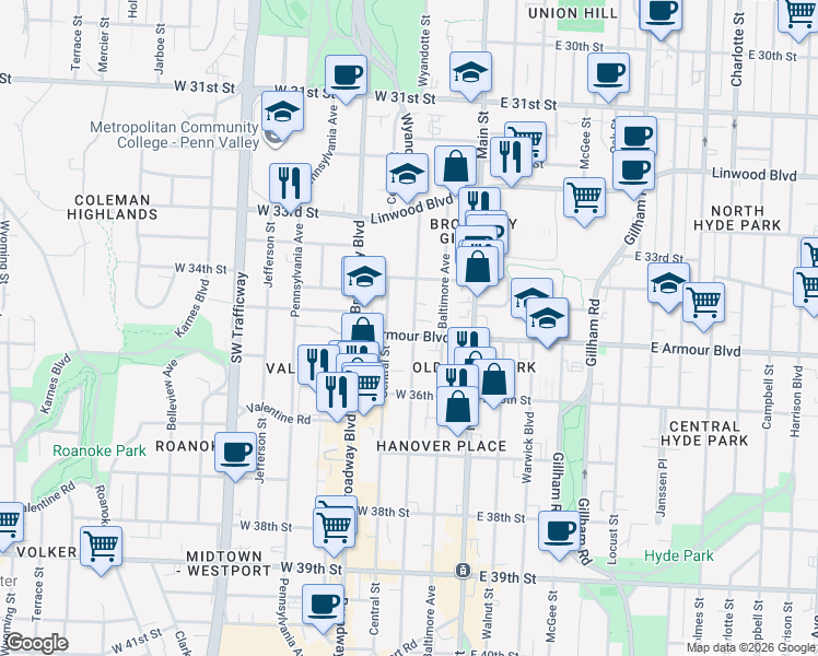 map of restaurants, bars, coffee shops, grocery stores, and more near 3432 Wyandotte Street in Kansas City