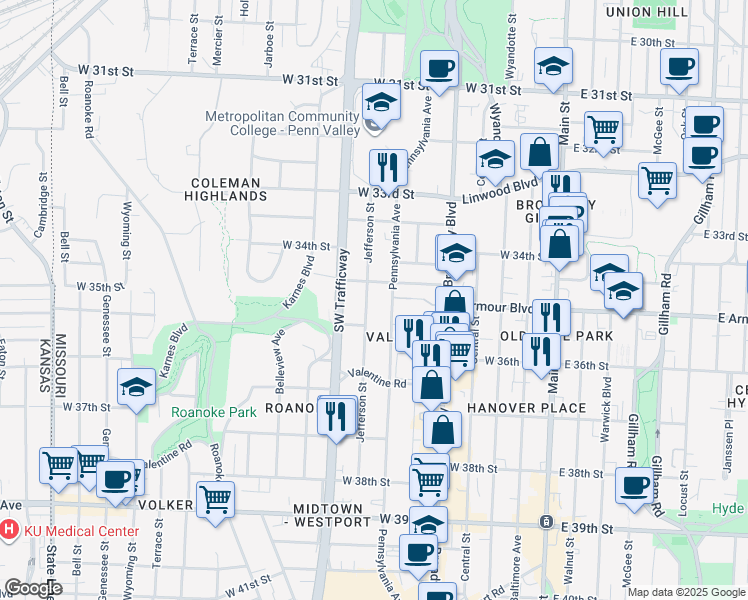 map of restaurants, bars, coffee shops, grocery stores, and more near 3500 Pennsylvania Avenue in Kansas City