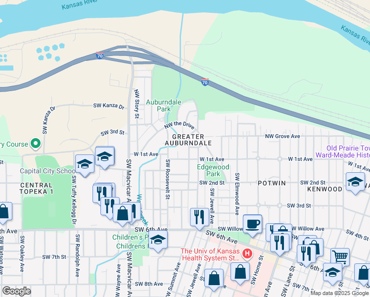 map of restaurants, bars, coffee shops, grocery stores, and more near 133 Northwest Franklin Avenue in Topeka