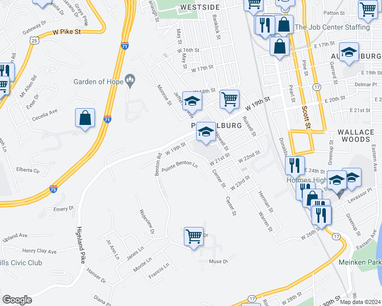 map of restaurants, bars, coffee shops, grocery stores, and more near 2025a Franklin Street in Covington
