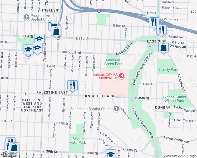 map of restaurants, bars, coffee shops, grocery stores, and more near 3326 Elmwood Avenue in Kansas City