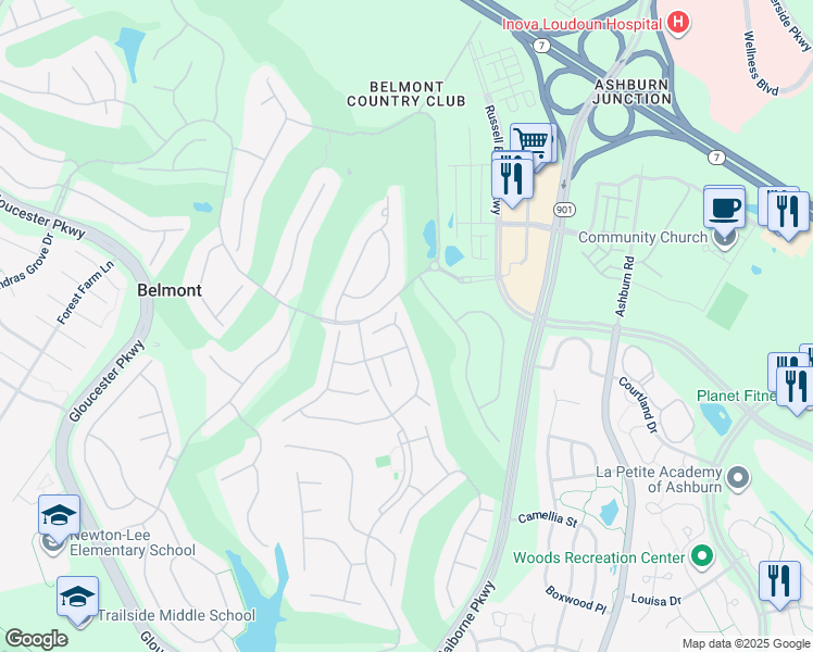 map of restaurants, bars, coffee shops, grocery stores, and more near 19952 Hazeltine Place in Ashburn