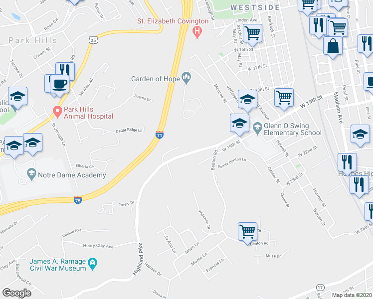 map of restaurants, bars, coffee shops, grocery stores, and more near 740 Highland Avenue in Fort Wright