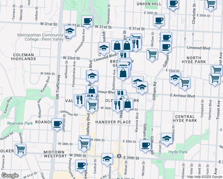 map of restaurants, bars, coffee shops, grocery stores, and more near 100 West Armour Boulevard in Kansas City