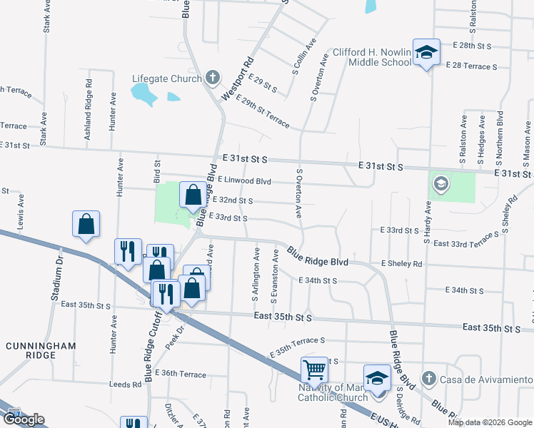 map of restaurants, bars, coffee shops, grocery stores, and more near 9611 East 32nd Street South in Independence