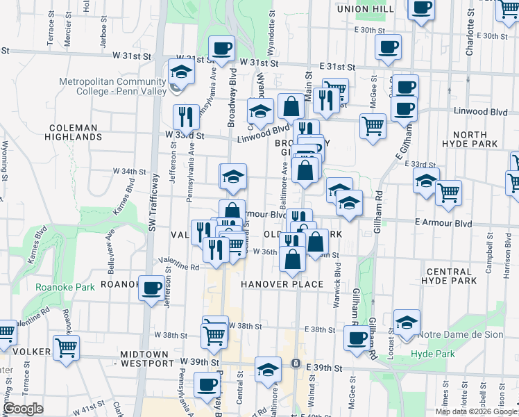 map of restaurants, bars, coffee shops, grocery stores, and more near 200 West Armour Boulevard in Kansas City