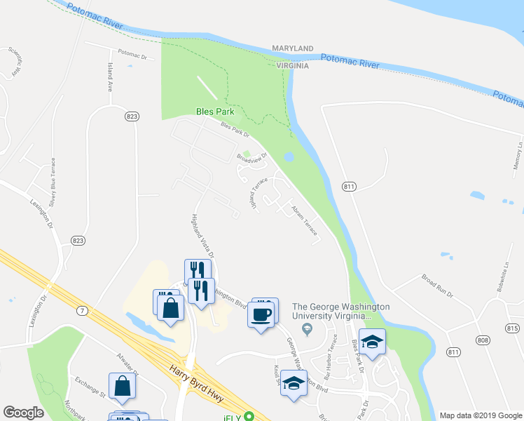 map of restaurants, bars, coffee shops, grocery stores, and more near 19950 Upland Terrace in Ashburn