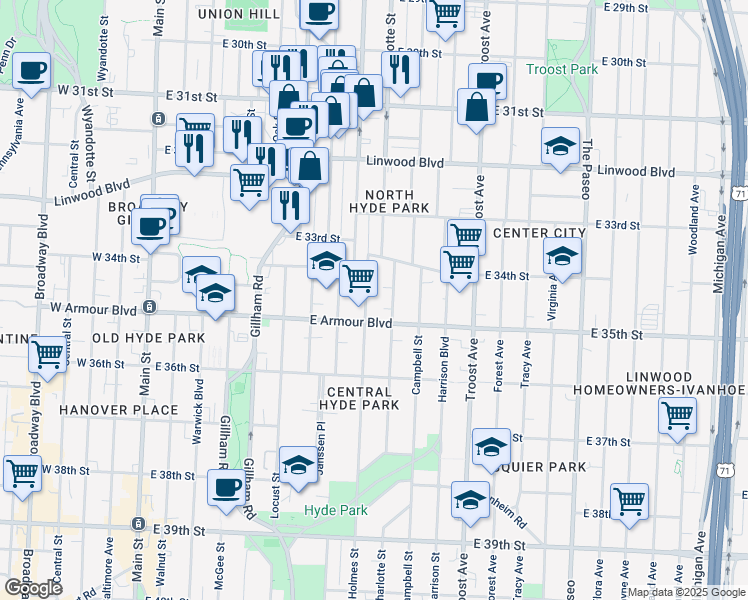 map of restaurants, bars, coffee shops, grocery stores, and more near 3443 Holmes Street in Kansas City