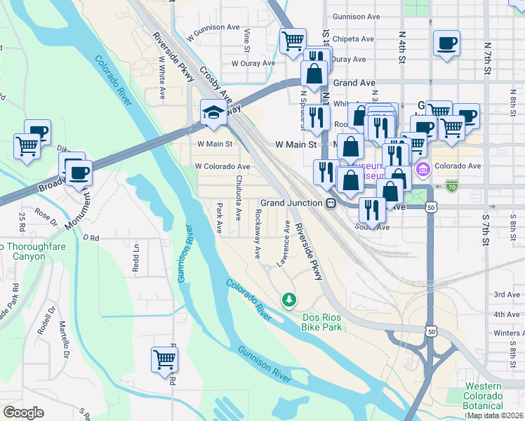 map of restaurants, bars, coffee shops, grocery stores, and more near 414 Rockaway Avenue in Grand Junction