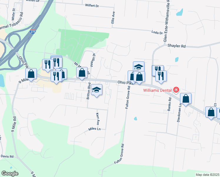 map of restaurants, bars, coffee shops, grocery stores, and more near 747 Ohio Pike in Cincinnati