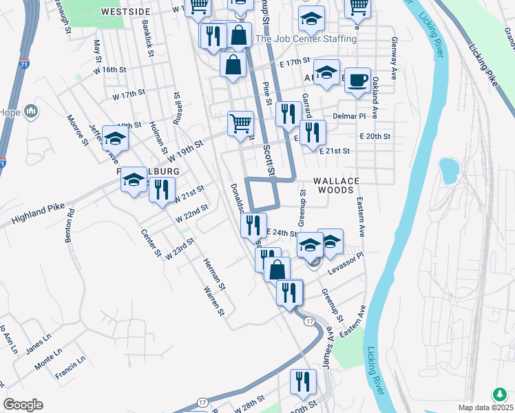 map of restaurants, bars, coffee shops, grocery stores, and more near 2231 Madison Avenue in Covington