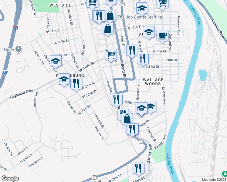 map of restaurants, bars, coffee shops, grocery stores, and more near 2231 Madison Avenue in Covington