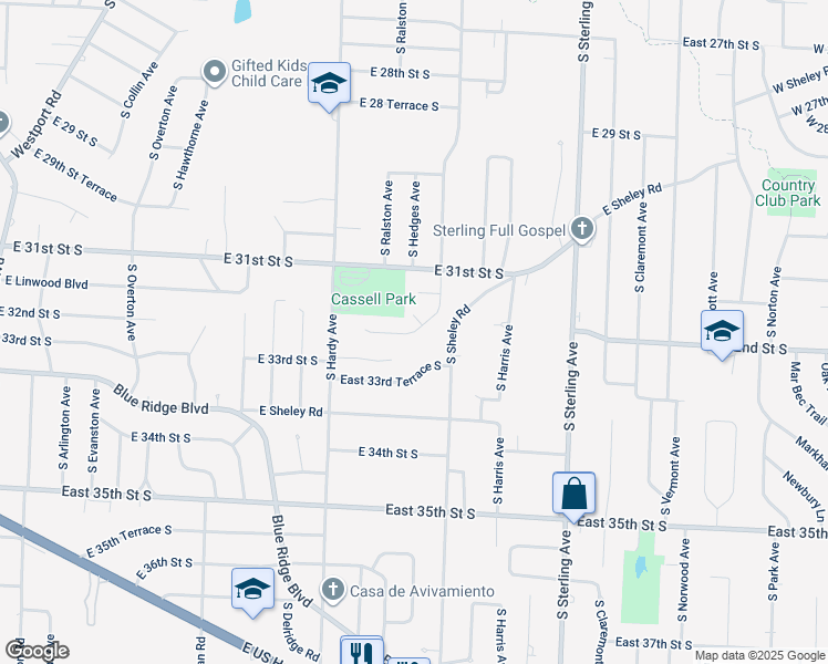 map of restaurants, bars, coffee shops, grocery stores, and more near 10602 East 32nd Street South in Independence