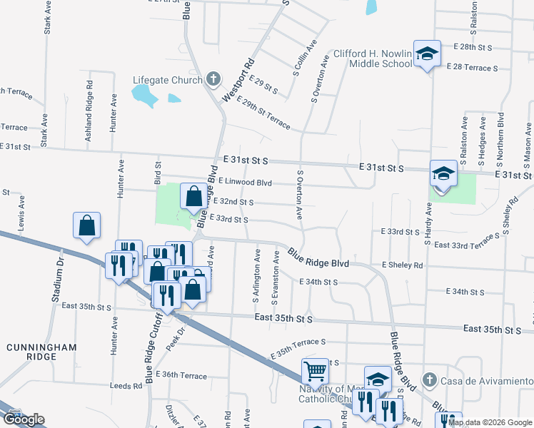 map of restaurants, bars, coffee shops, grocery stores, and more near 9611 East 32nd Street South in Independence